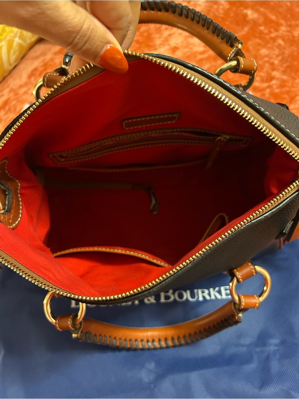 Dooney & Bourke Black Pebbled Leather Satchel with Brown Trim and Gold Hardware - Picture 6 of 16